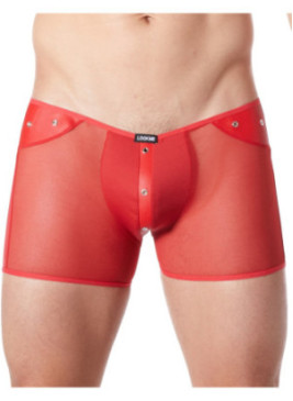 Boxer rouge sexy maille transparente et bande style cuir - LM807-67RED